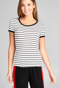 Ladies fashion short sleeve round neck yarn dye stripe rayon spandex jersey top