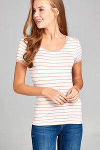 Ladies fashion short sleeve round neck yarn dye stripe rayon spandex jersey top