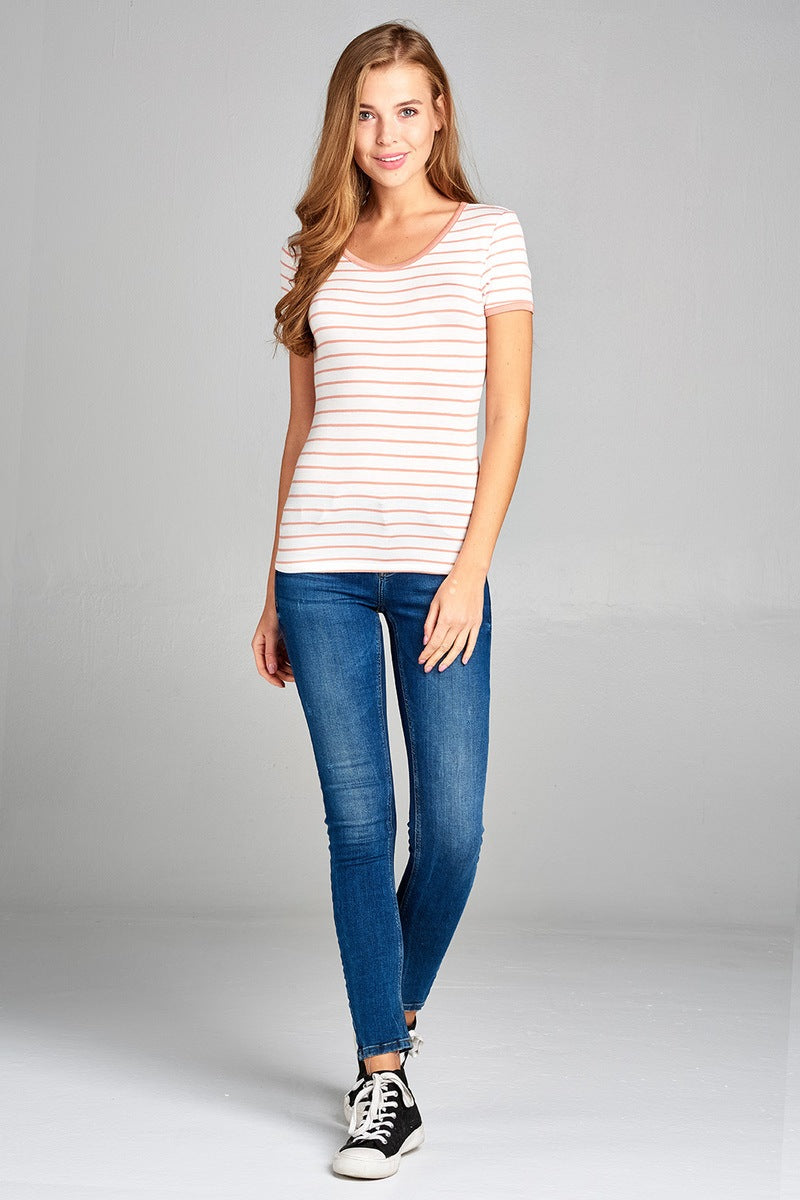 Ladies fashion short sleeve round neck yarn dye stripe rayon spandex jersey top