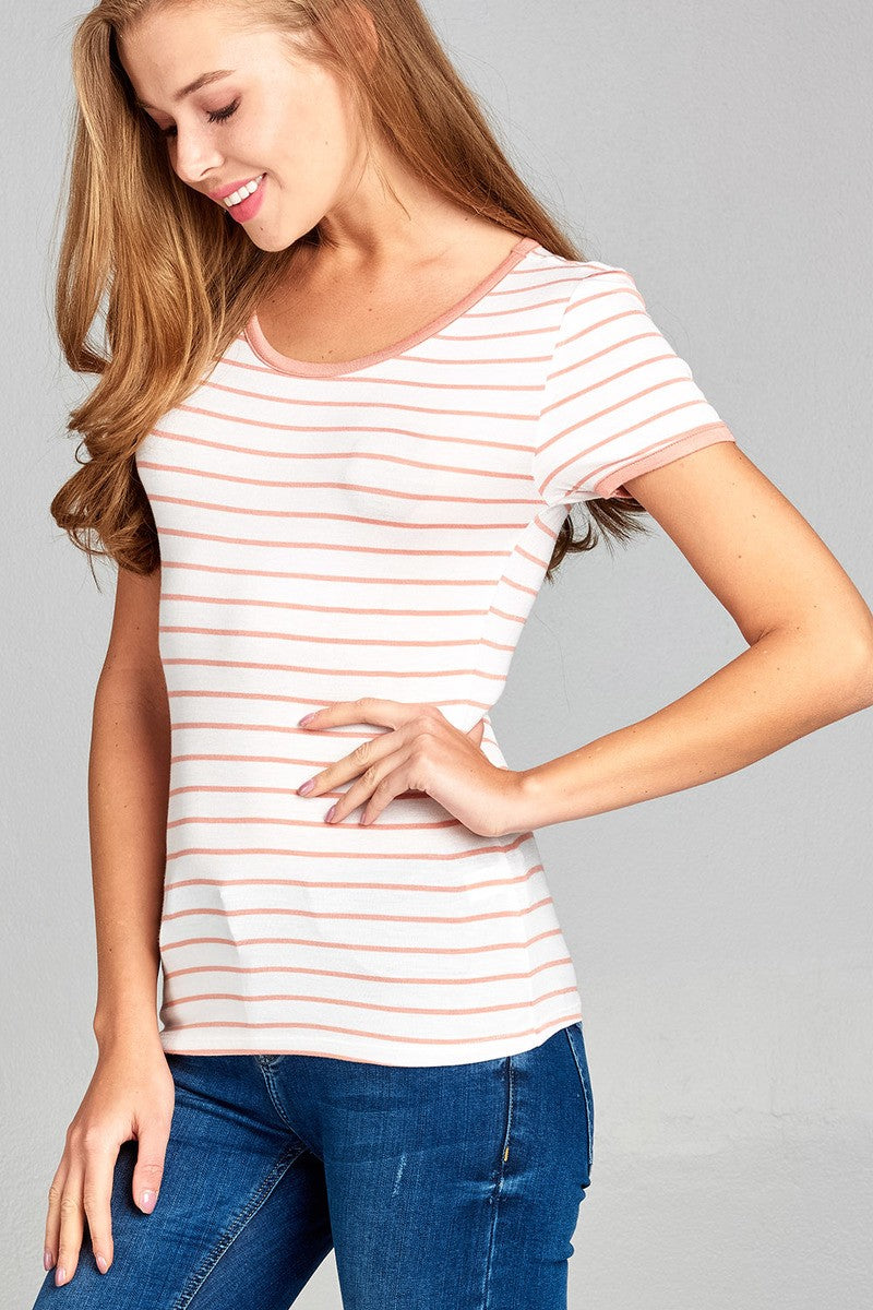 Ladies fashion short sleeve round neck yarn dye stripe rayon spandex jersey top