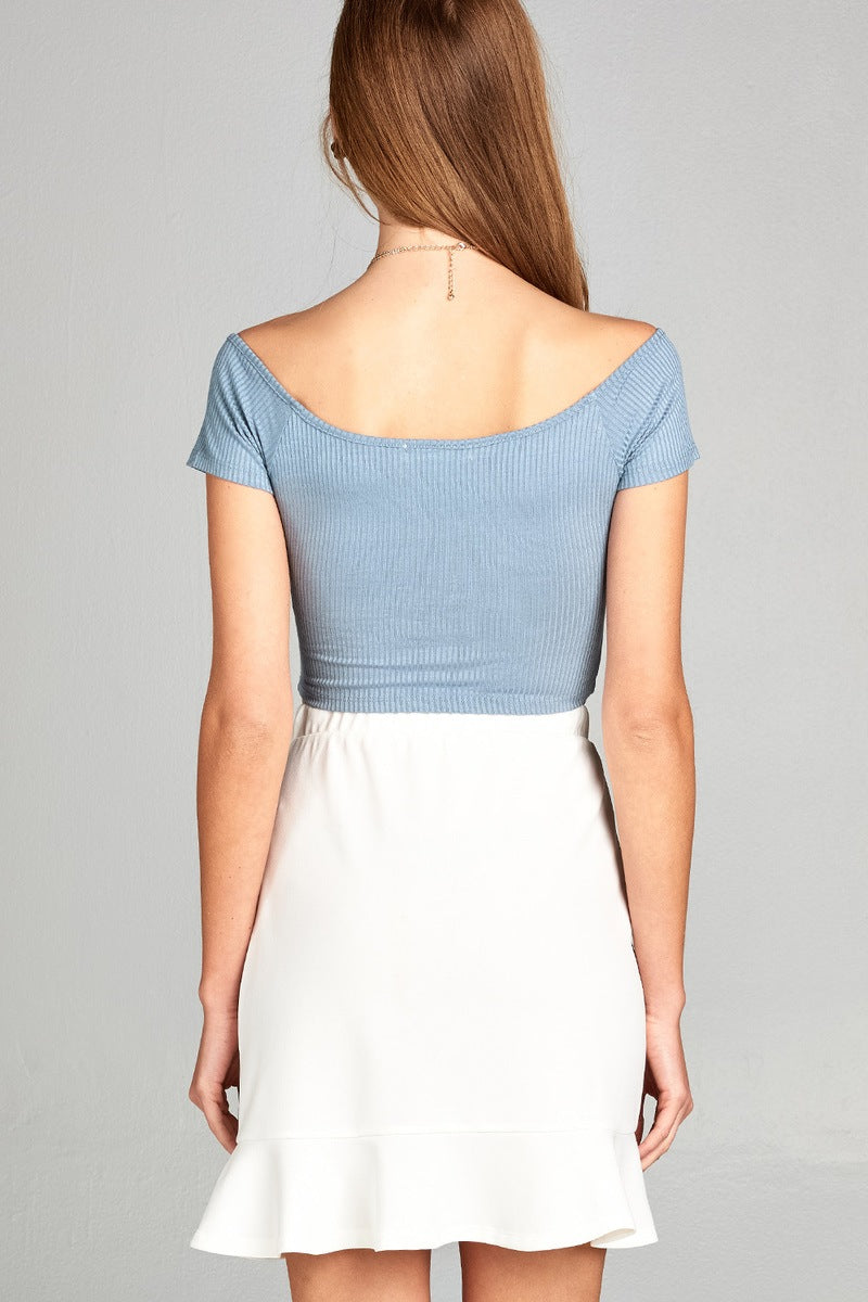Ladies fashion short sleeve off the shoulder front shirring detail rayon spandex rib crop top