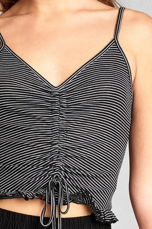Ladies fashion v-neck shirring w/string cami stripe rayon spandex rib top