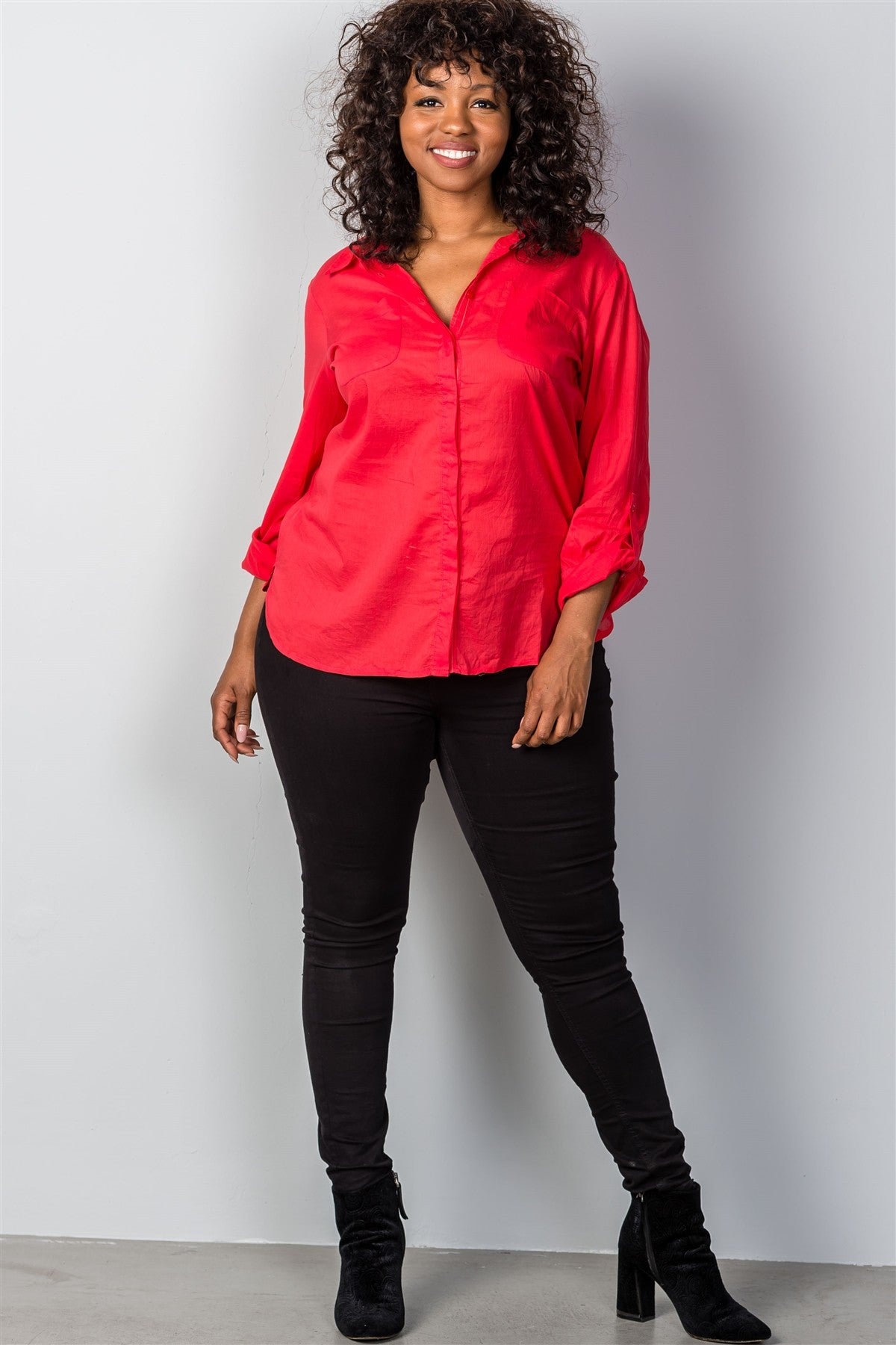 Ladies fashion plus size red roll-sleeve plus size top