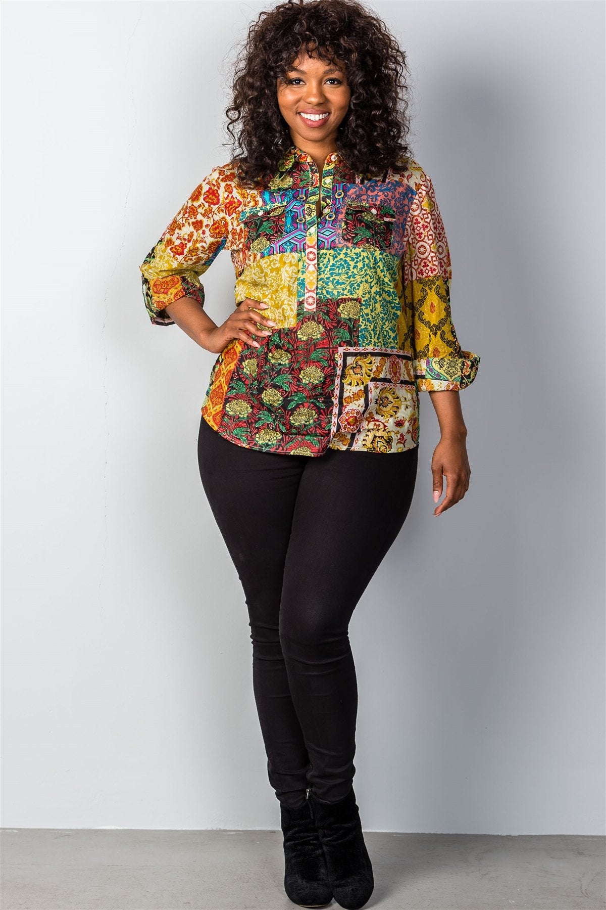 Ladies fashion plus size roll-sleeve plus size top