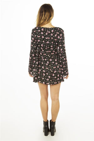 Ladies fashion  deep v neck casual floral print mini dress, zip up, flare sleeve