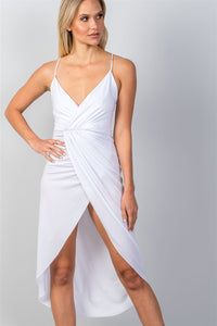 Ladies fashion white hi-low deep plunge summer dress