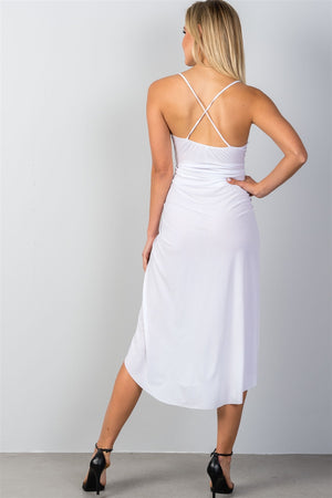 Ladies fashion white hi-low deep plunge summer dress