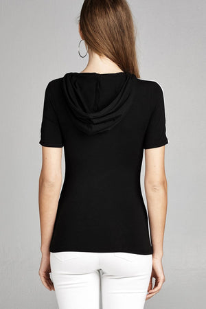 Ladies fashion short sleeve w/wide stripe drawstring hoodie cotton rayon spandex top