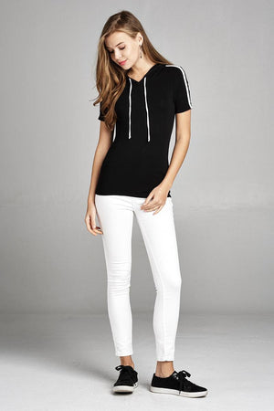 Ladies fashion short sleeve w/wide stripe drawstring hoodie cotton rayon spandex top