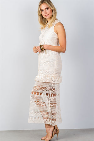 Ladies fashion bohemian crochet lace flounce ruffle maxi dress