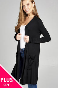 Ladies fashion plus size long sleeve open front w/pocket long length rayon spandex cardigan