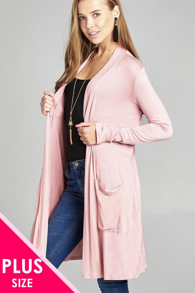 Ladies fashion plus size long sleeve open front w/pocket long length rayon spandex cardigan