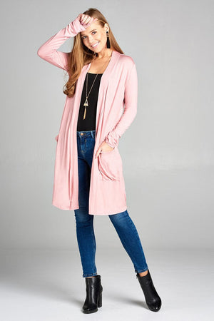 Ladies fashion plus size long sleeve open front w/pocket long length rayon spandex cardigan