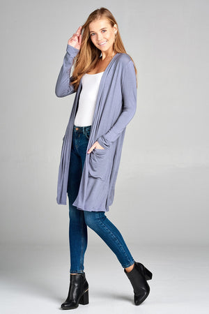 Ladies fashion plus size long sleeve open front w/pocket long length rayon spandex cardigan