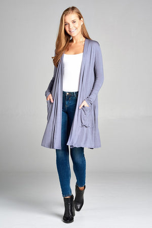 Ladies fashion plus size long sleeve open front w/pocket long length rayon spandex cardigan