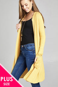 Ladies fashion plus size long sleeve open front w/pocket long length rayon spandex cardigan