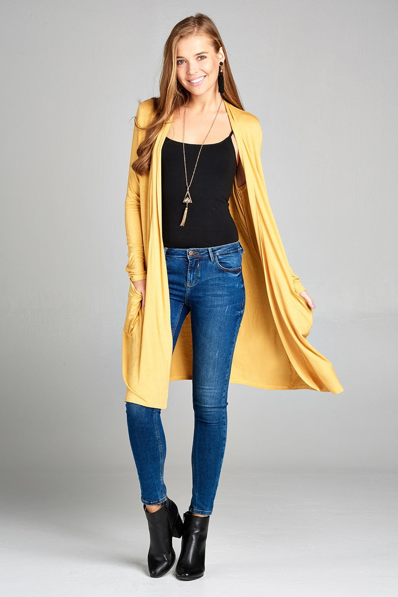 Ladies fashion plus size long sleeve open front w/pocket long length rayon spandex cardigan