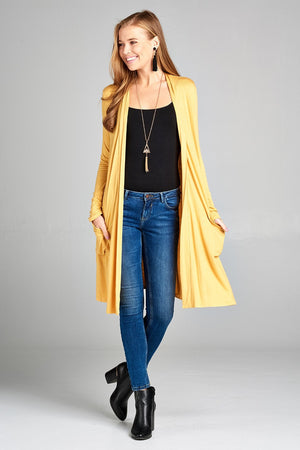 Ladies fashion plus size long sleeve open front w/pocket long length rayon spandex cardigan