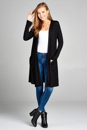 Ladies fashion plus size long sleeve open front w/pocket long length rayon spandex cardigan