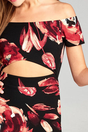 Ladies fashion short sleeve off the shoulder w/front hole floral print mini dress