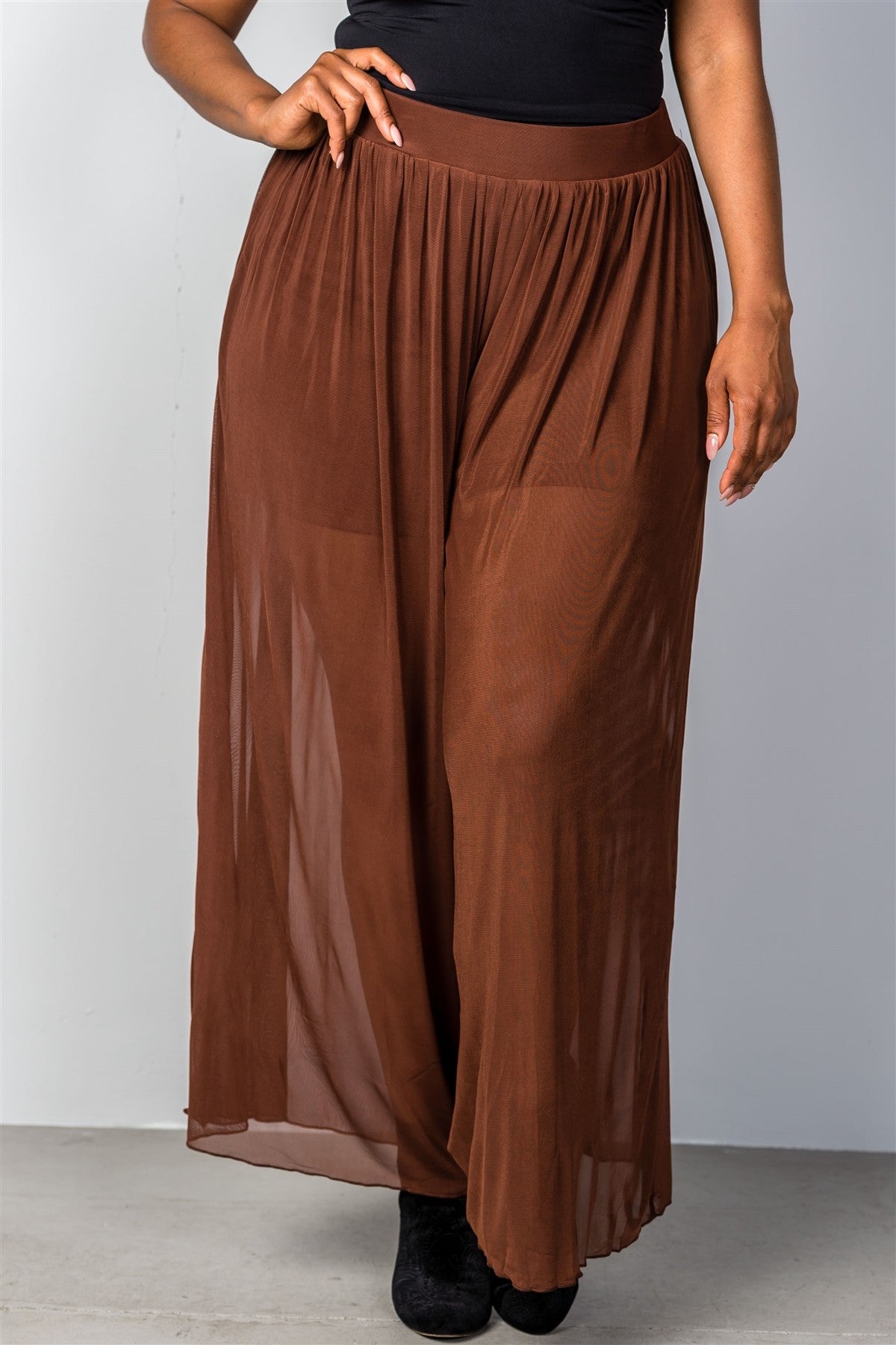 Ladies fashion plus size brown sheer elastic plus size pants