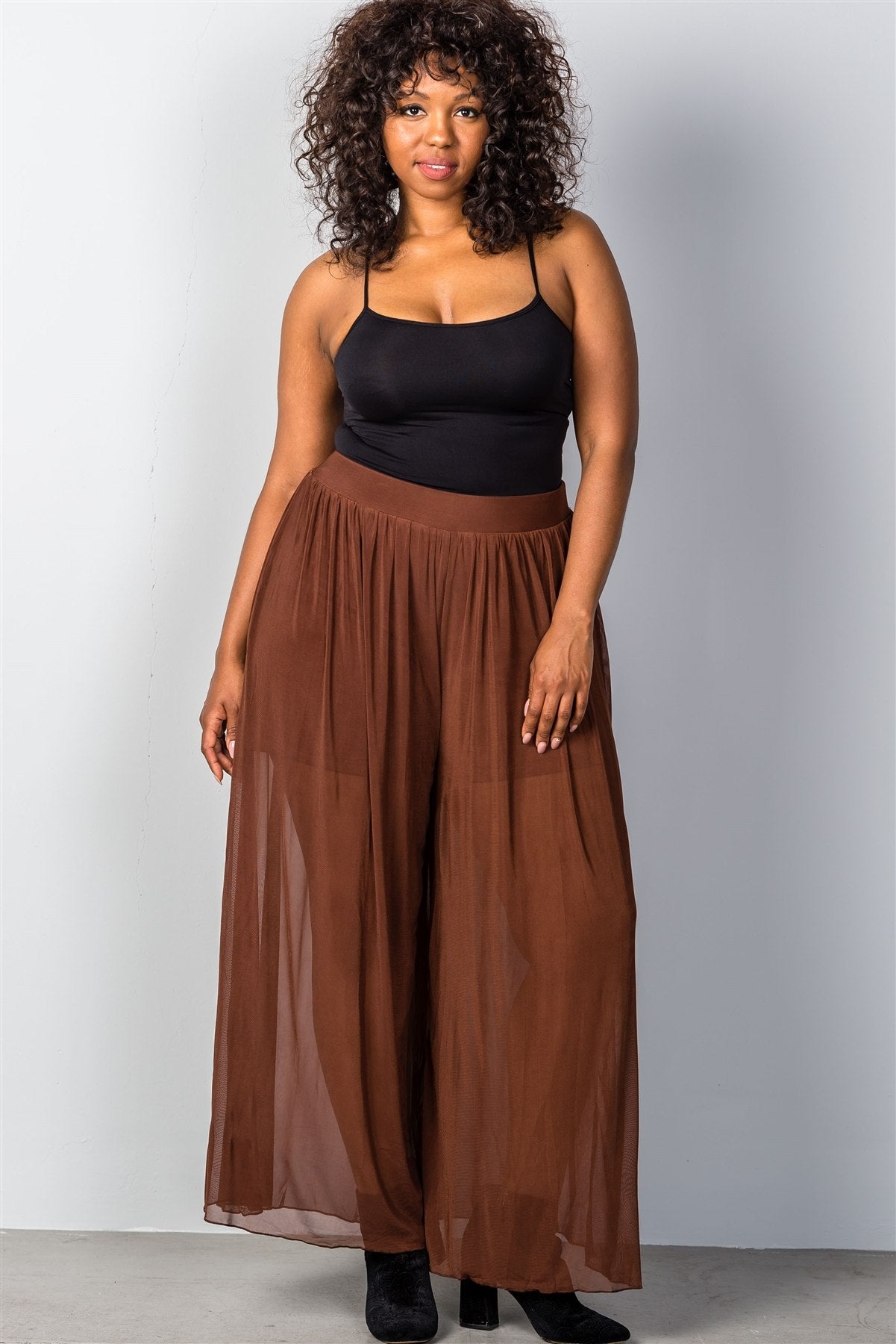 Ladies fashion plus size brown sheer elastic plus size pants