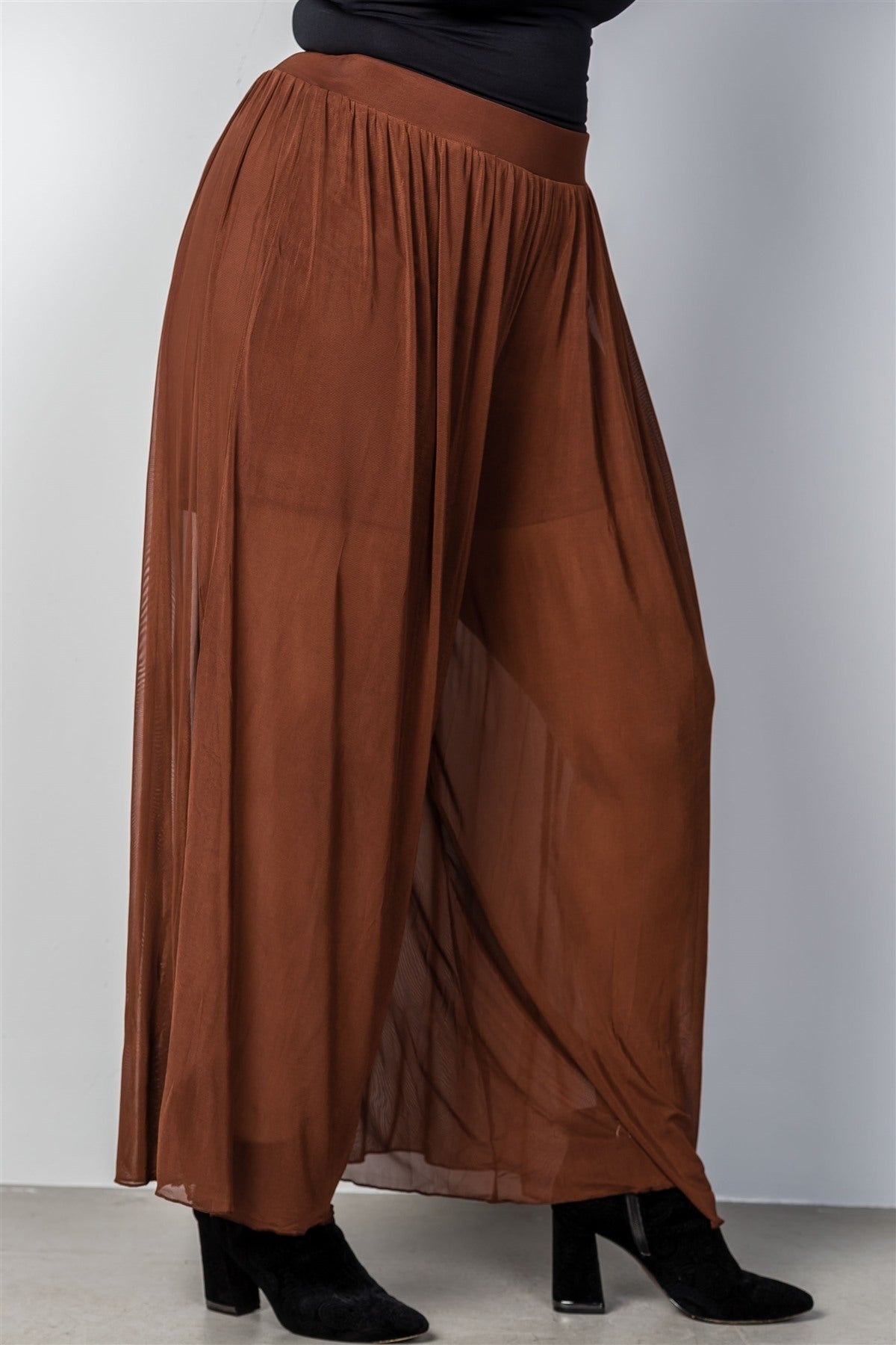 Ladies fashion plus size brown sheer elastic plus size pants