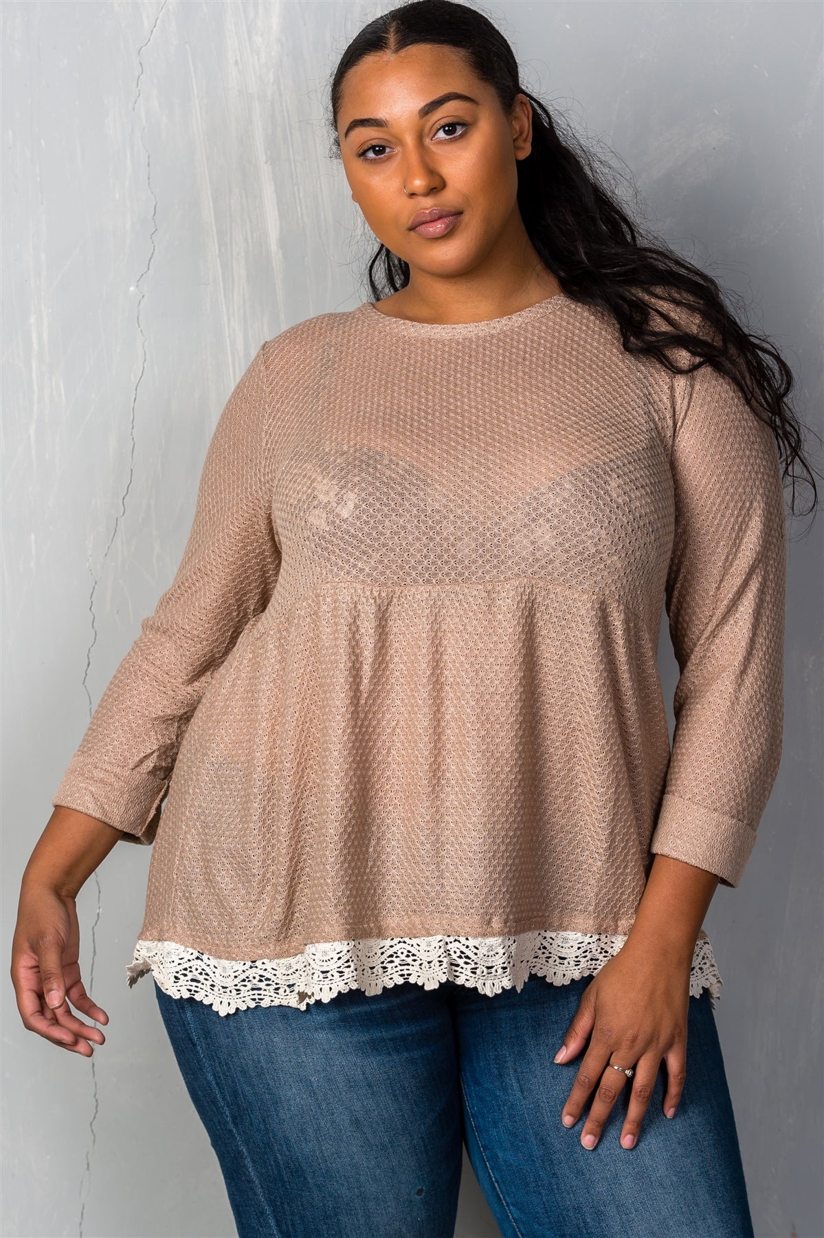 Ladies fashion plus size mocha babydoll swing knit crochet plus size top