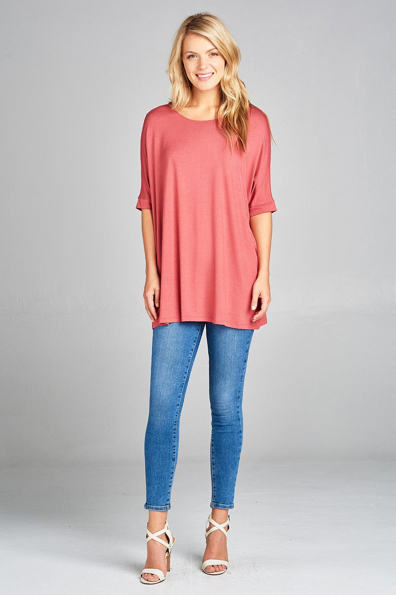 Ladies fashion elbow sleeve round neck rayon spandex jersey tunic top