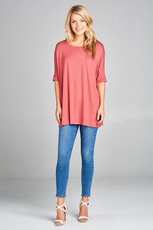 Ladies fashion elbow sleeve round neck rayon spandex jersey tunic top