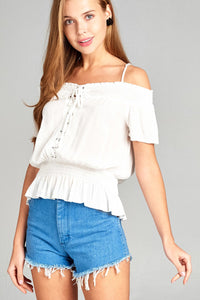 Ladies fashion short sleeve open shoulder smocked detail w/eyelet woven top