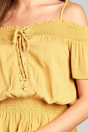 Ladies fashion short sleeve open shoulder smocked detail w/eyelet woven top