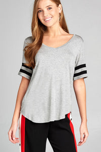 Ladies fashion short double stripe sleeve v-neck rayon spandex top