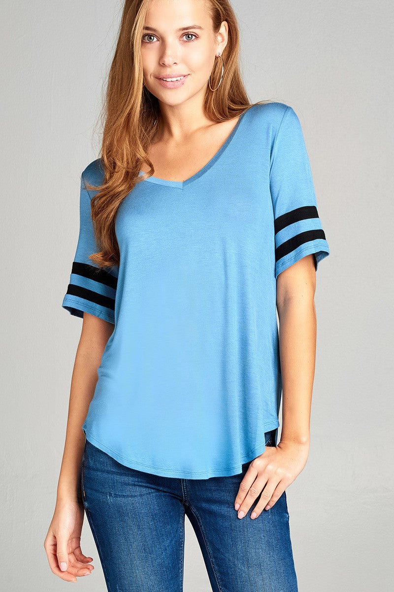 Ladies fashion short double stripe sleeve v-neck rayon spandex top