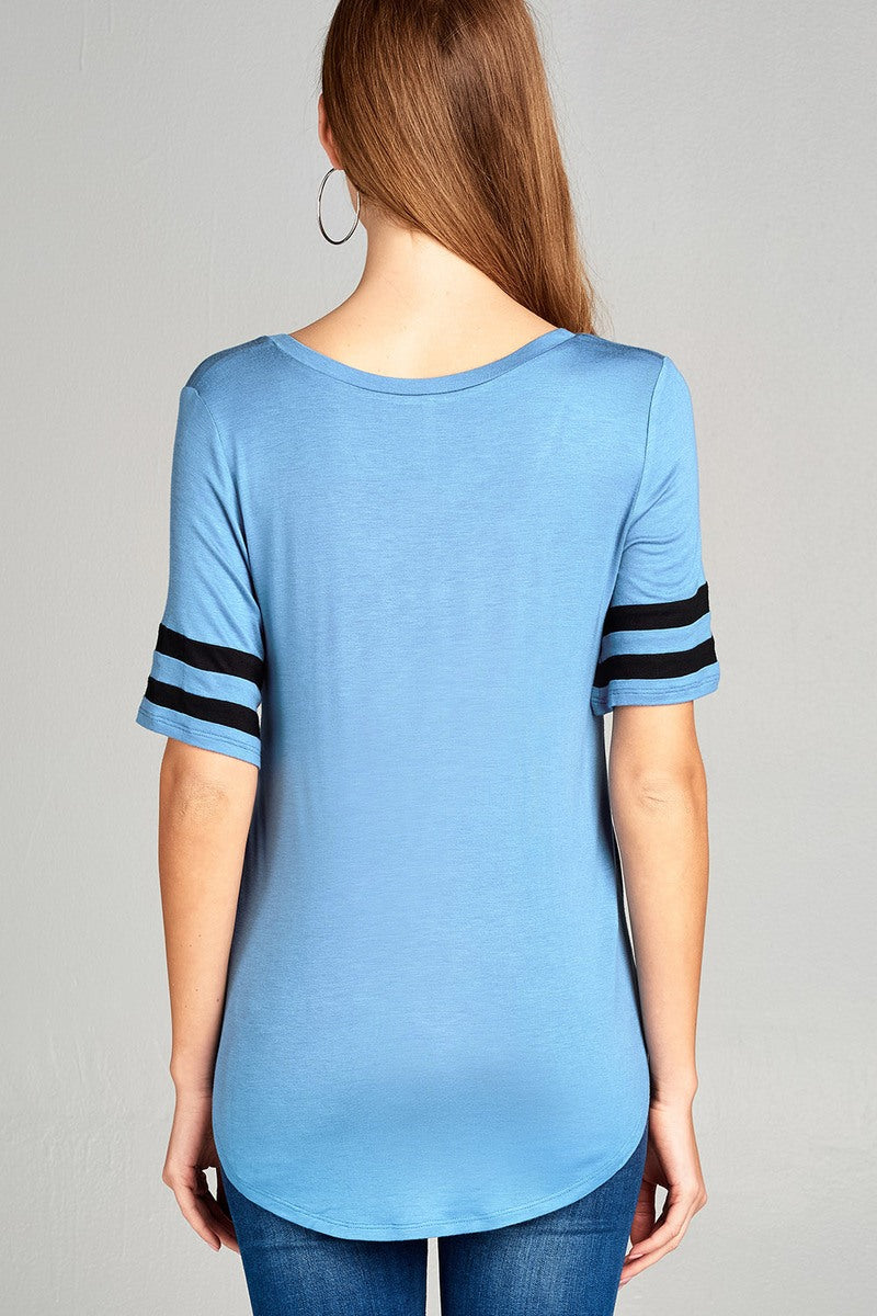 Ladies fashion short double stripe sleeve v-neck rayon spandex top