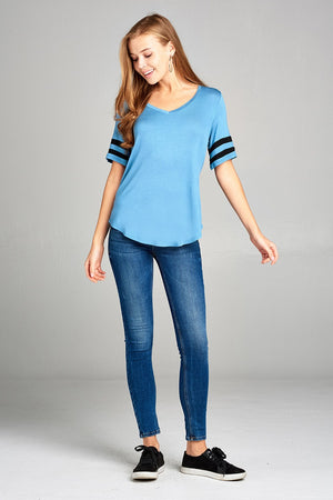 Ladies fashion short double stripe sleeve v-neck rayon spandex top