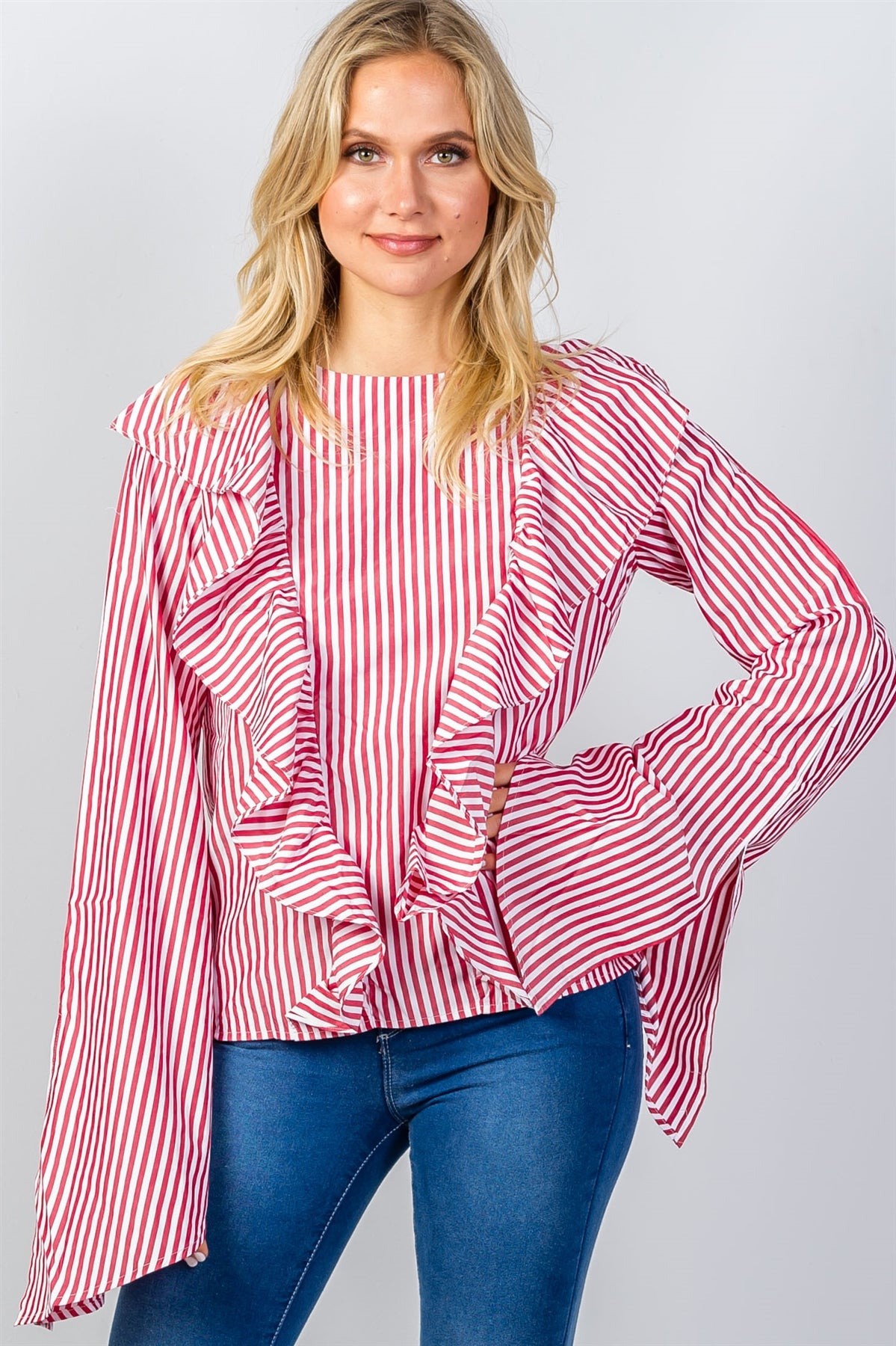 Ladies fashion ruffle front striped slit sleeve shirt