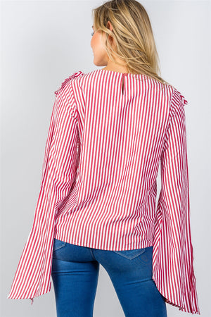 Ladies fashion ruffle front striped slit sleeve shirt