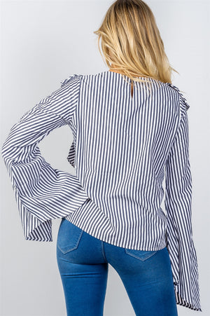 Ladies fashion ruffle front striped slit sleeve shirt