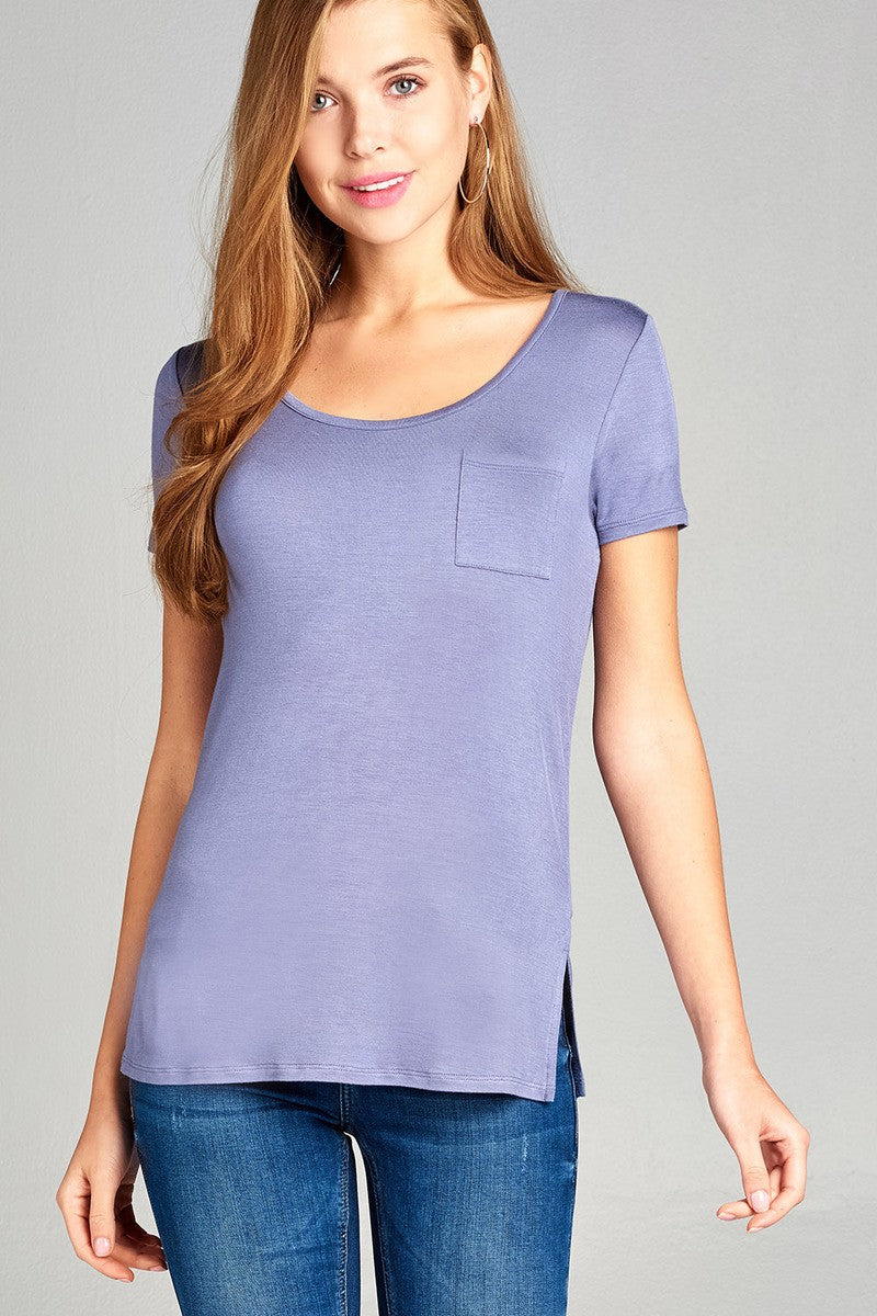 Ladies fashion short sleeve round neck w/back strappy detail rayon spandex top