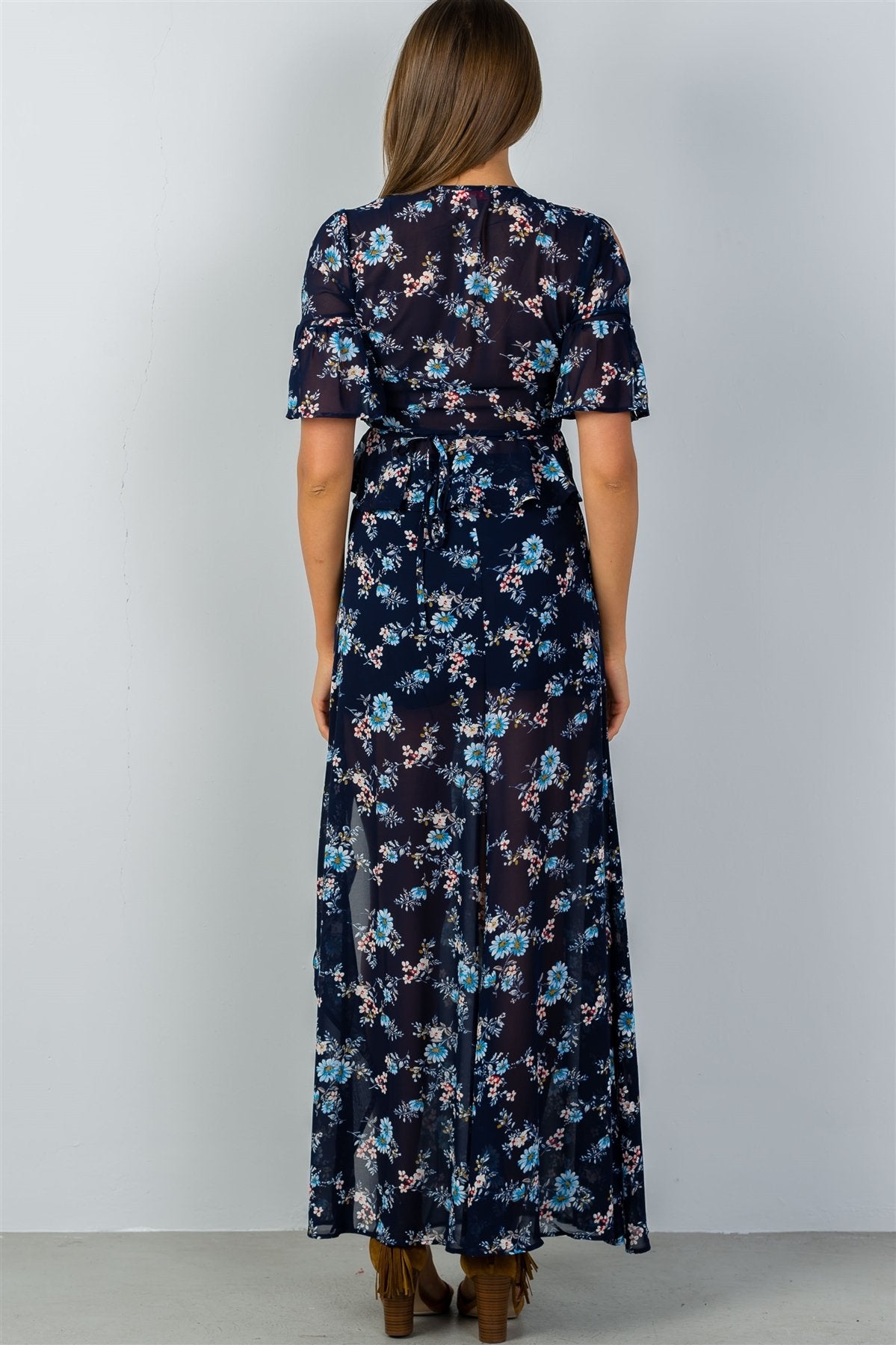 Ladies fashion navy & floral print wrap maxi skirt