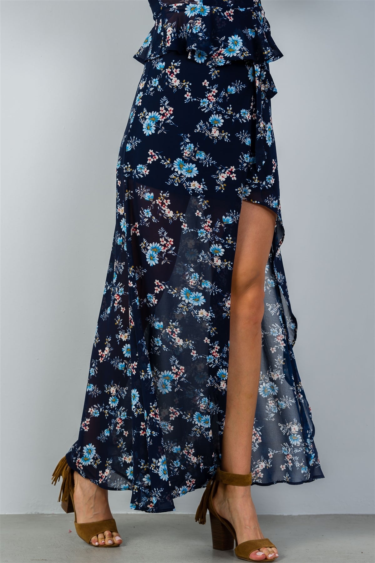 Ladies fashion navy & floral print wrap maxi skirt