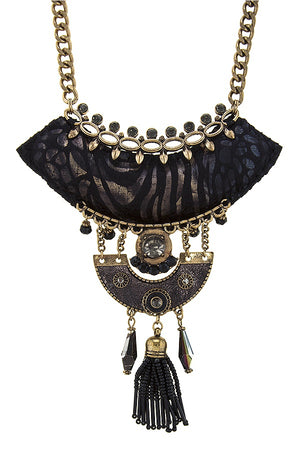 Seed bead tassel fringe black cushion pendant necklace set