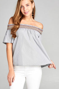 Ladies fashion short sleeve off the shoulder w/special smocked stripe woven top