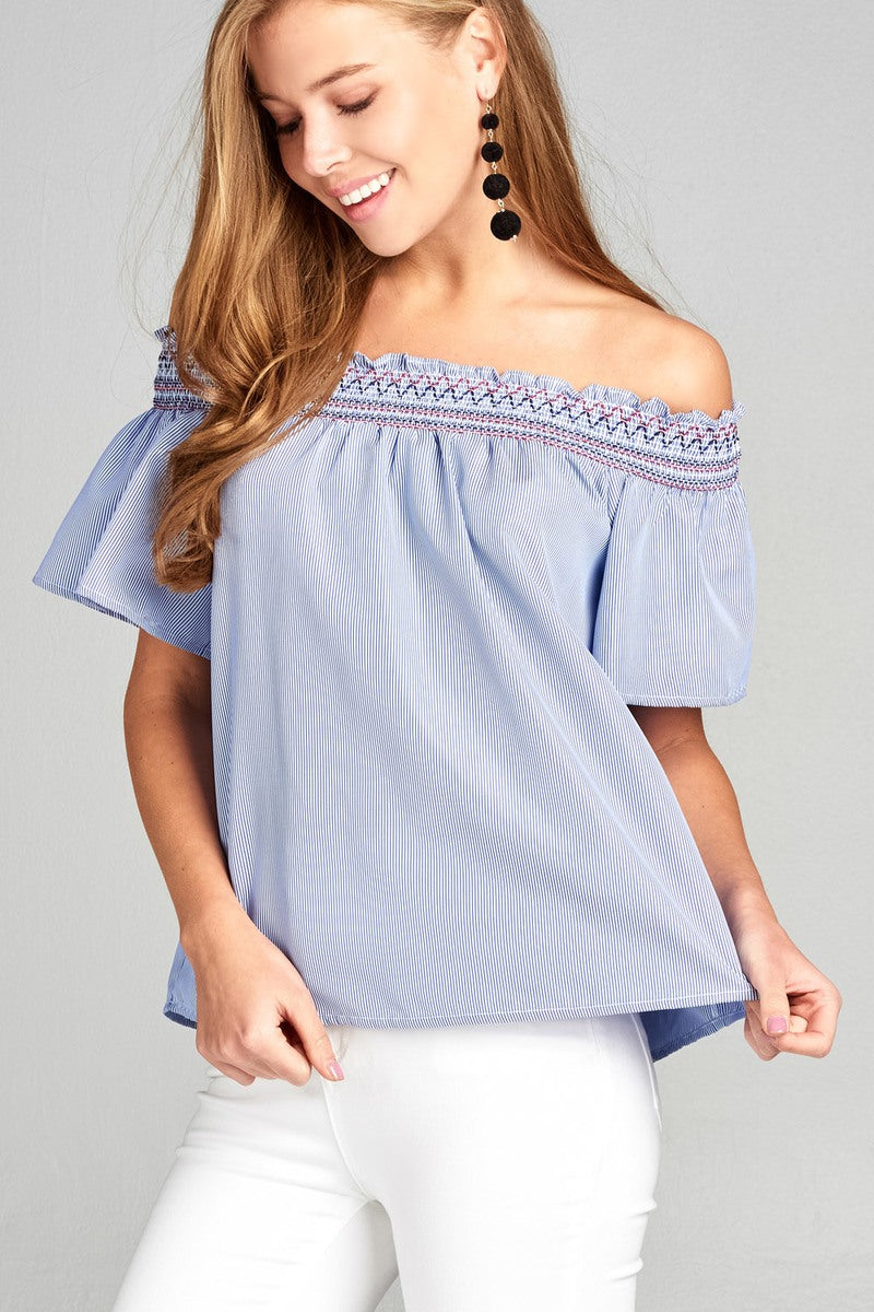 Ladies fashion short sleeve off the shoulder w/special smocked stripe woven top