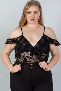 Ladies fashion plus size cold shoulder black velvet floral burnout bodysuit