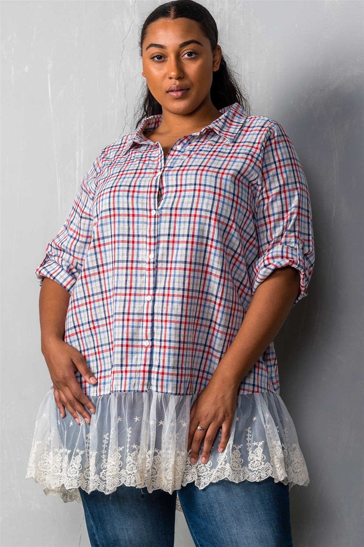 Ladies fashion plus size gingham lace-hem plus size top