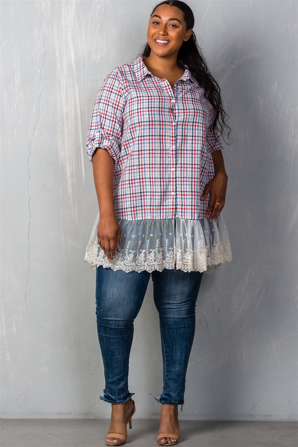 Ladies fashion plus size gingham lace-hem plus size top