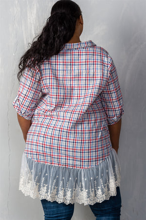 Ladies fashion plus size gingham lace-hem plus size top