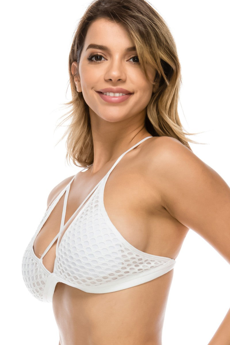 Ladies t-back strappy bralette with mesh overlay